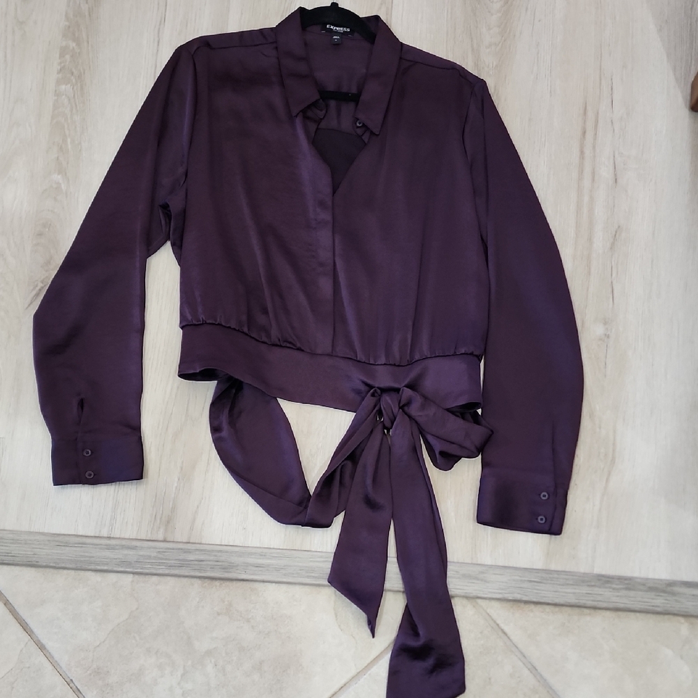 Express Deep Plum Satin Wrap Blouse with Waist Tie
